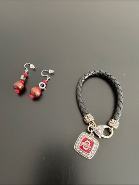 Ohio State Black Braided Leather Bracelet with Red Charm and matching Earrings